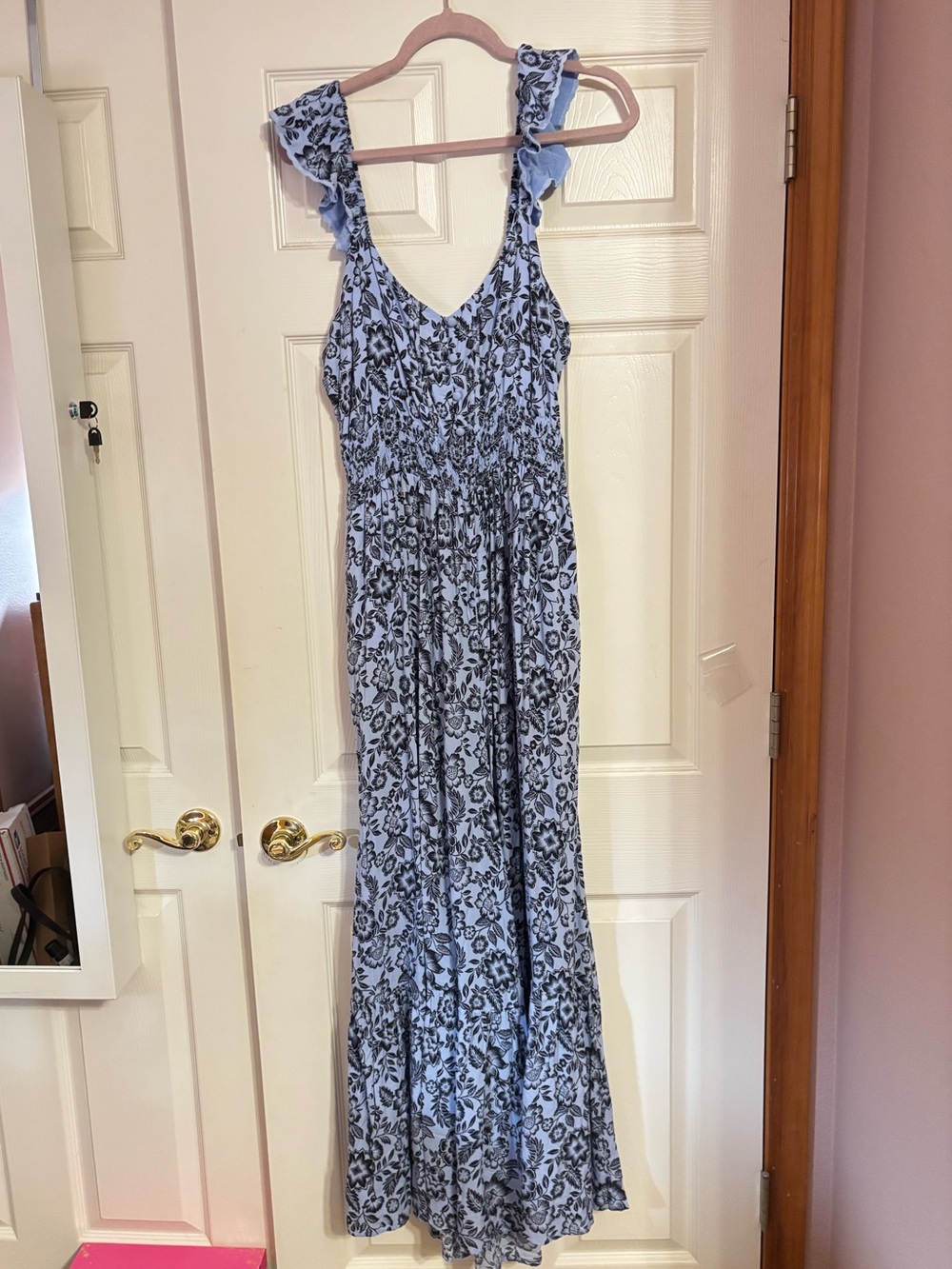 Aerie Party Jumpsuit - Light Blue Floral jumpsuit with Ruffle Straps Size XL